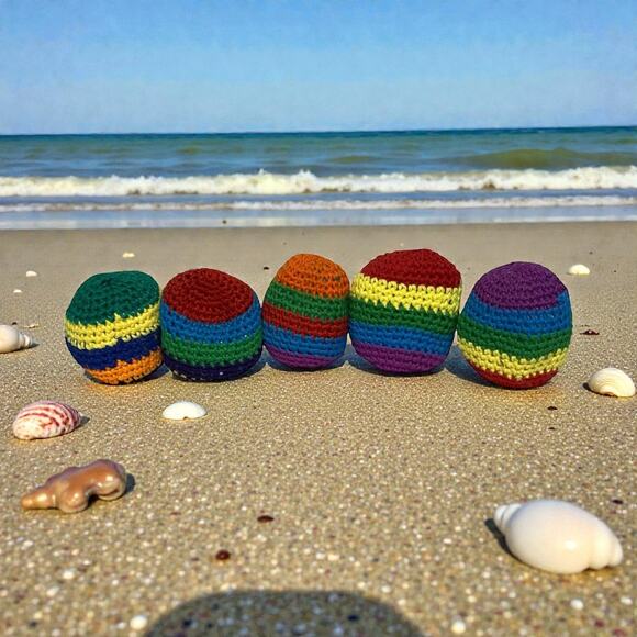 Lot of 5 Vintage 90s Crochet Rainbow Footbags Hacky Sack Style Hippy Bean Bags - Picture 1 of 9
